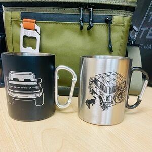 Two Ford Bronco Carabiner Logo Mugs (Hook Handles) Stainless Steel 14 oz